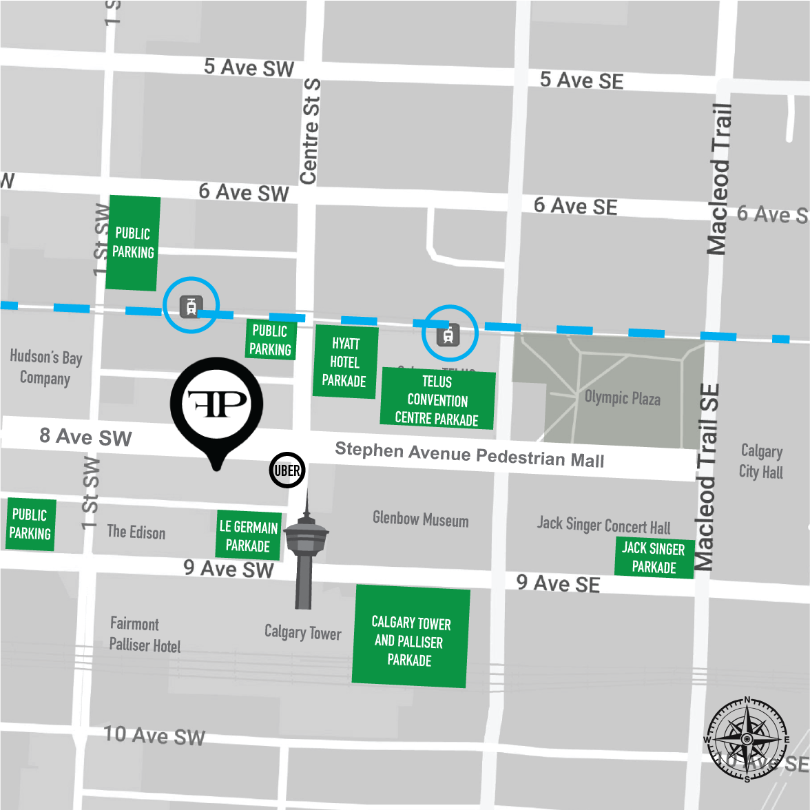 FinePrint location and nearby parkades — Le Germain, Telus Convention Centre, Hyatt, Palliser/Calgary Tower